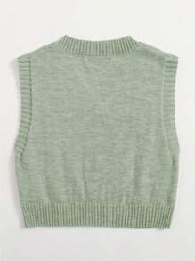 Elamini Solid Color V-Neck Twist Knit Casual Pullover Sweater Vest - Green - View 2