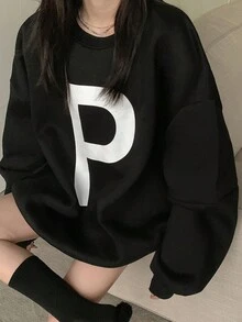 DAZY Pullover amplio con estampado de letra de hombros caídos - Negro - Ver 4