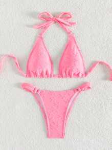 Swim Mod Star Flocked Halter Bikini Set - Pink - View 1