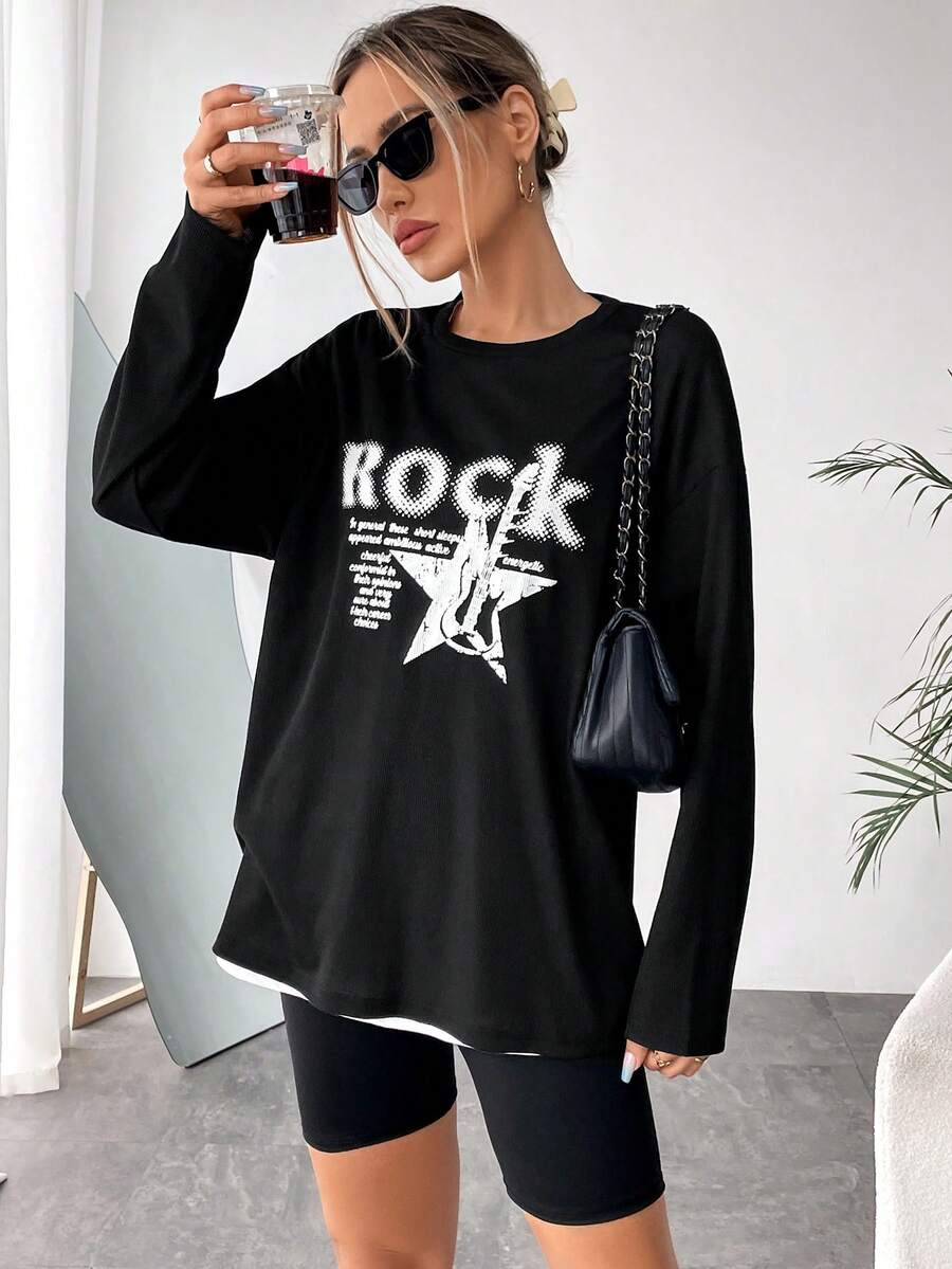 SHEIN Essnce 1入組星形和標語圖案落肩T恤 - 黑色 - 查看 1