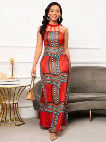 SHEIN Lady 几何印花镂空挂脖连衣裙 - 紅色 - 查看 5