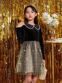 SHEIN 女孩珍珠串珠彼得潘領網紗拼接下擺絲絨 - 彩色 - 查看 6