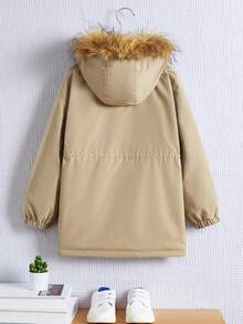 SHEIN Cô gái Tween Túi có nắp Eo dây rút Trang trí Fuzzy áo có mũ Lót nhiệt áo - Màu Khaki - Xem 2