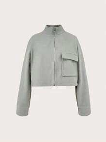 SHEIN Unity 翻蓋口袋拉鏈開襟短款花呢外套 - 淺灰色 - 查看 1