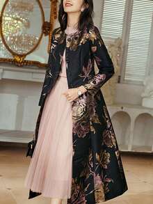 Floral Print Single Breasted Coat - Black - View 5