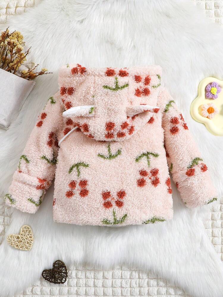 Baby Girl Cherry Pattern 3D Ear Design Hooded Teddy Coat With Bag