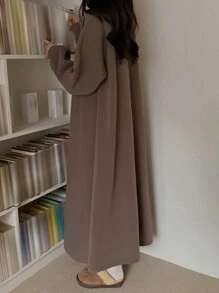 DAZY 女士纯色日常穿搭插肩袖连衣裙，秋季长袖连衣裙，带保暖内衬 - 棕色 - 查看 2