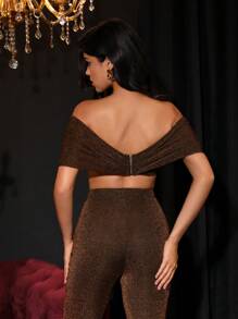 Zolique Off Shoulder Crop Glitter Top - Brown - View 2