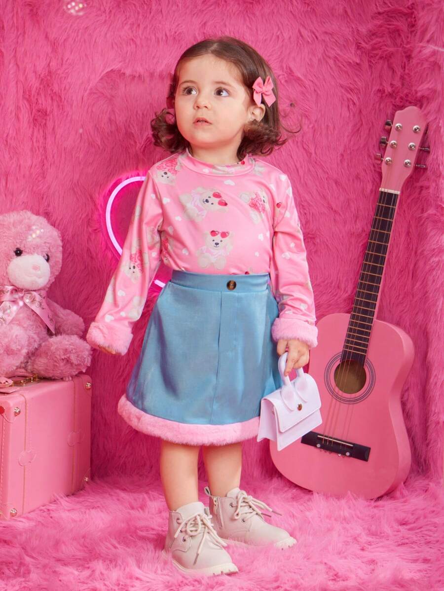 Baby Girl Floral Print Tee & Contrast Fuzzy Trim Skirt - Multicolor - View 1
