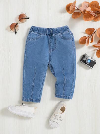 SHEIN Baby Girl Elastic Waist Seam Detail Jeans