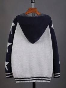 Teen Boy Star Pattern Raglan Sleeve Striped Trim Hooded Cardigan - Multicolor - View 2