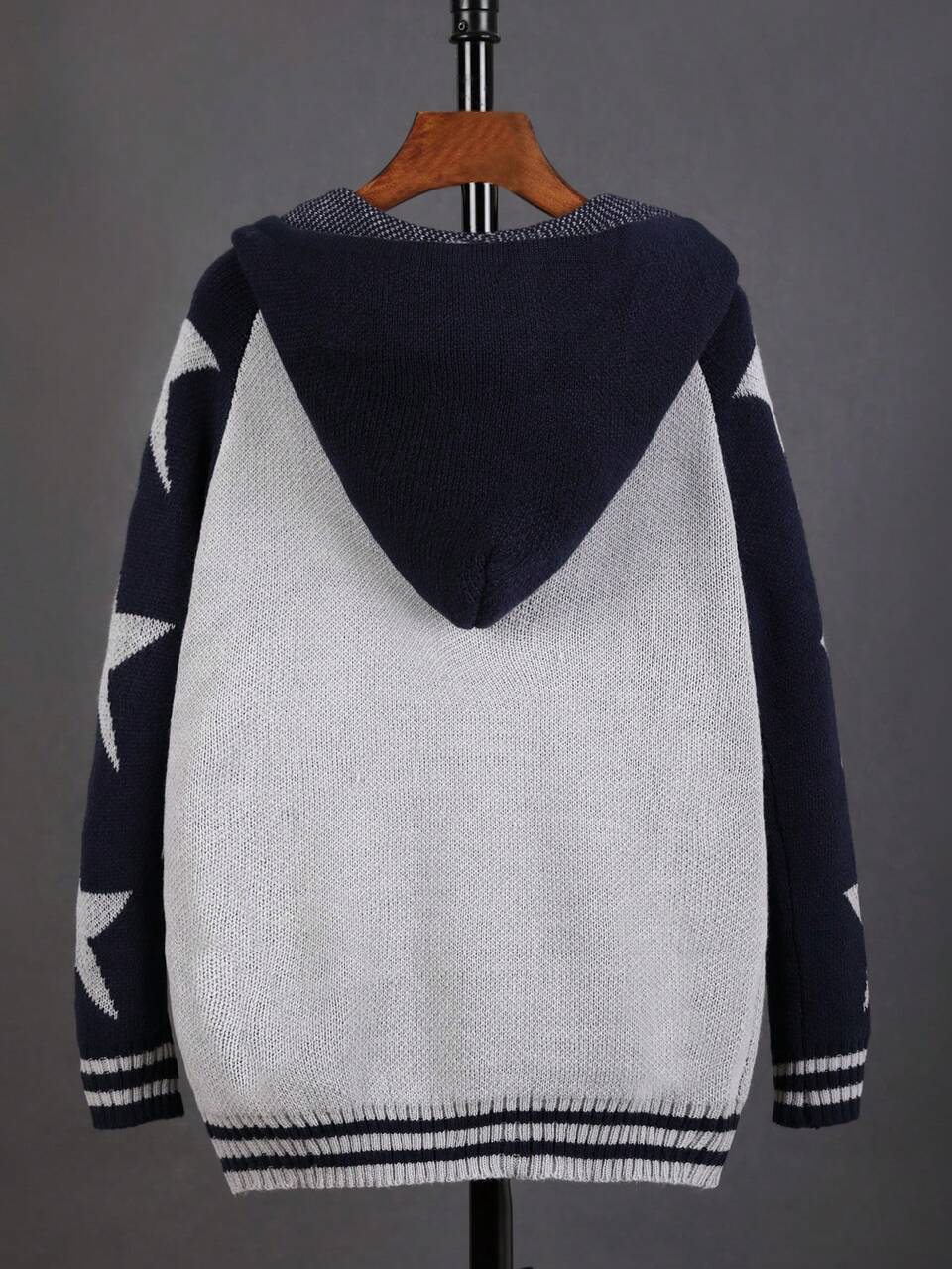 Teen Boy Star Pattern Raglan Sleeve Striped Trim Hooded Cardigan