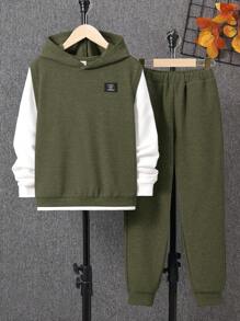 SHEIN 休閒撞色 字母男童（大）兩件套 - 墨綠色 - 查看 1