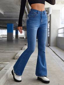 SHEIN ICON Butterfly Print Flare Leg Jeans - Medium Wash - View 4