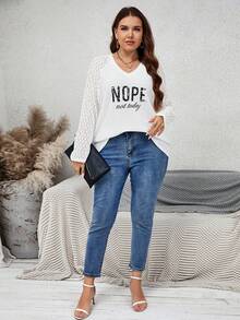 SHEIN LUNE 大碼字母圖案蕾絲拼接插肩袖華夫格編織上衣 - 白色 - 查看 3