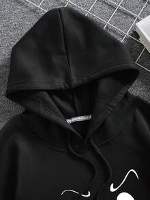 Men Cartoon Graphic Drawstring Thermal Lined Hoodie - Black - View 3
