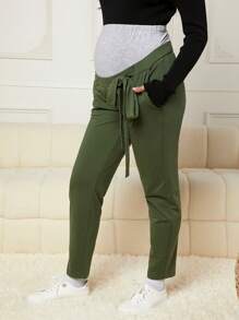 SHEIN 孕婦可調節腰圍腰帶長褲 - 軍綠色 - 查看 4