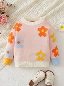 女嬰花卉圖案拼接邊落肩袖套頭毛衣 - 粉色 - 查看 4