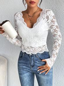 SHEIN Frenchy 貝殼邊蕾絲上衣 - 白色 - 查看 4