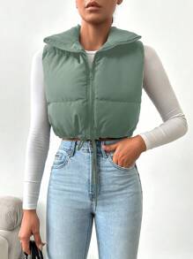 SHEIN Cottnline Drawstring Hem Zipper Vest Puffer Coat - Mint Green - View 4