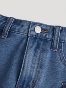 SHEIN 少女款牛仔裙，適合夏季，時尚優雅的日常穿著 - 深色水洗藍 - 查看 4