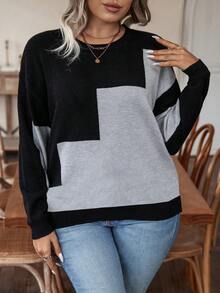 SHEIN LUNE Plus Color Block Drop Shoulder Sweater - Black - View 5