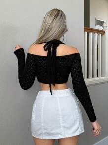 Sweetina Ring Linked Cut Out Front Crop Top - Black - View 4