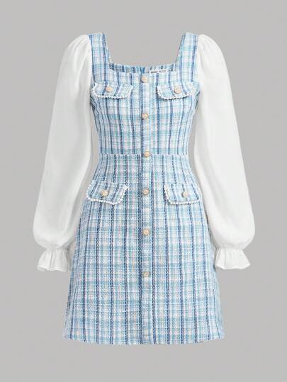 SHEIN Girlism Teen Girl Plaid Print Flounce Sleeve Dress,Graduation Dress