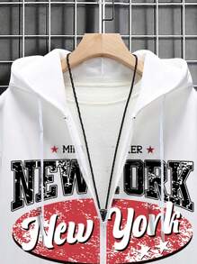 Manfinity 男款寬鬆白色帶數字印花字母帽套連帽拉鍊衫 - 白色 - 查看 5