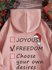 SHEIN EZwear 加大码圣诞印花袋鼠口袋抽绳保暖内衬卫衣 - 淺粉色 - 查看 3