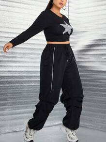 Flirla 大碼星星印花短款T恤 - 黑色 - 查看 5