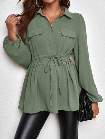SHEIN Umstandsmode Shirt mit Tunnelzug, Klappe Detail, Laternenärmeln