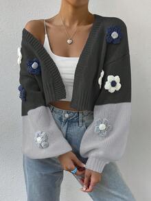 SHEIN Qutie Stereo Flower Colorblock Drop Shoulder Duster Cardigan - Multicolor - View 5