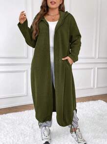 SHEIN Frenchy Áo nỉ cỡ lớn có khóa kéo, vai rớt, gấu áo có dây rút - xanh quân đội - Xem 1