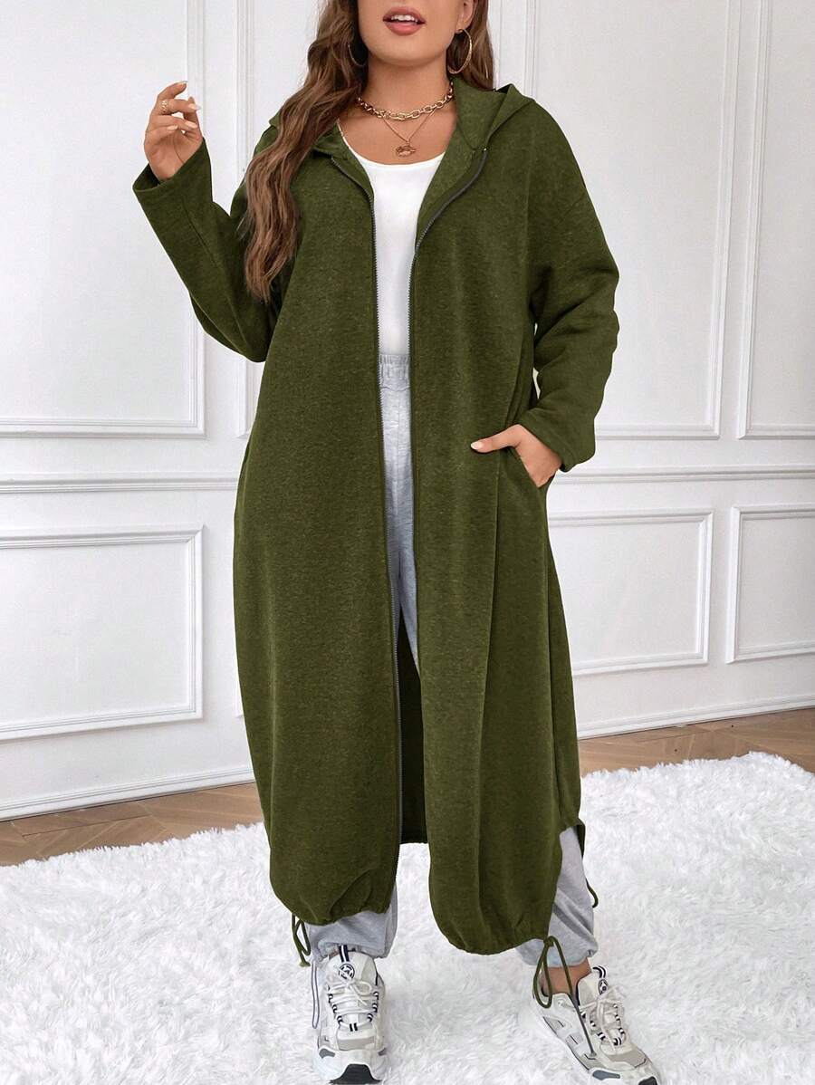 SHEIN Frenchy Áo nỉ cỡ lớn có khóa kéo, vai rớt, gấu áo có dây rút - xanh quân đội - Xem 1