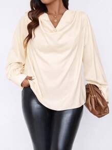 SHEIN Clasi Plus Draped Collar Lantern Sleeve Blouse - Apricot - View 1