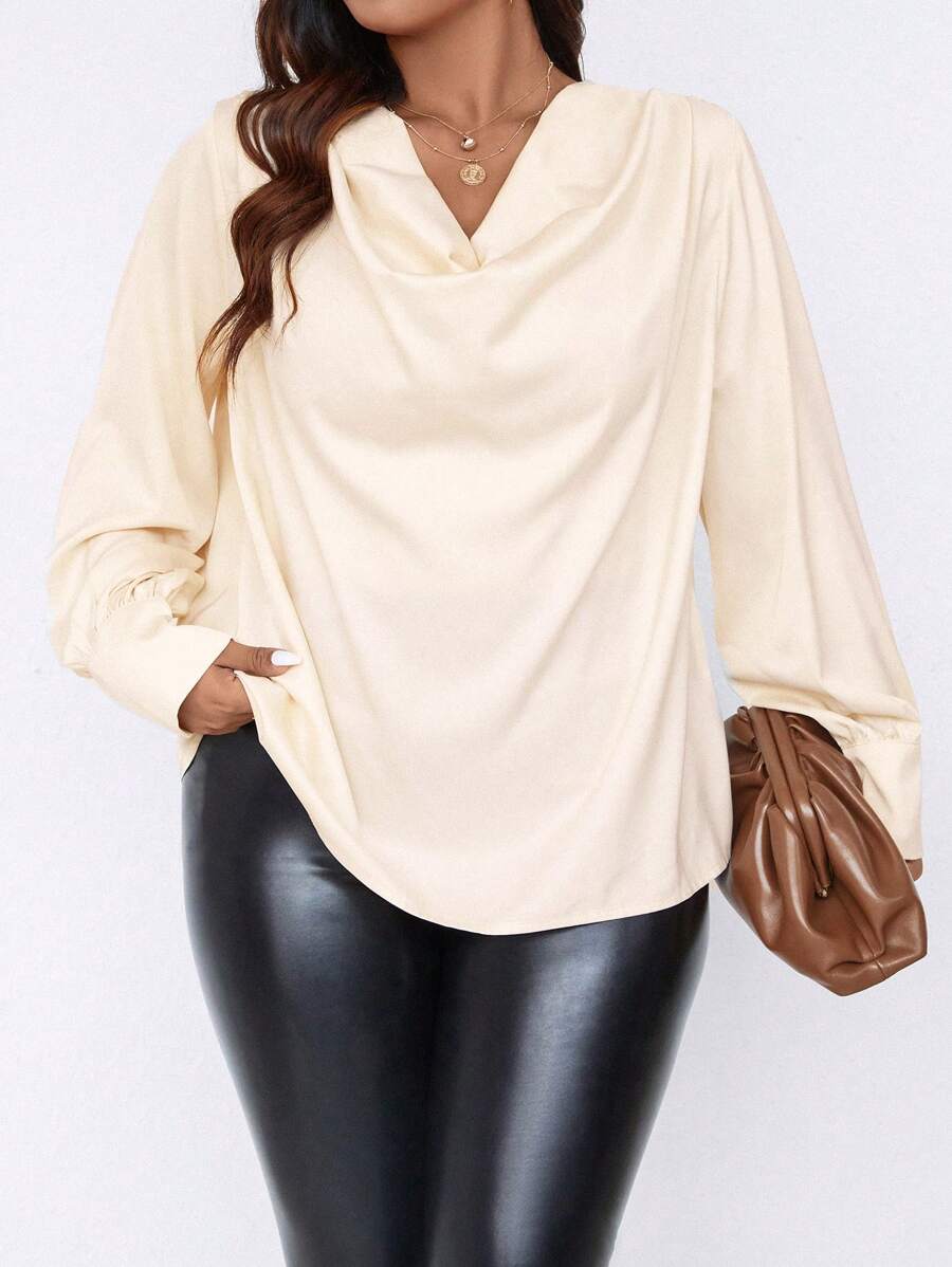 SHEIN Clasi Plus Draped Collar Lantern Sleeve Blouse - Apricot - View 1