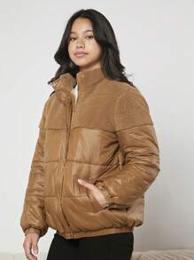 Abrigo acolchado con panel de peluche en contraste, bolsillo inclinado para niña adolescente - Camel - Ver 5