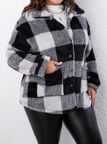 SHEIN LUNE Plus Buffalo Plaid Pattern Dual Pocket Drop Shoulder Teddy Coat - Multicolor - View 3