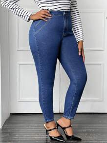 SHEIN LUNE 大碼高腰緊身牛仔褲 - 藍色 - 查看 1