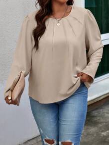 Celure Hơn Chất rắn Chi tiết nếp Áo sơ mi - Màu be - Xem 3