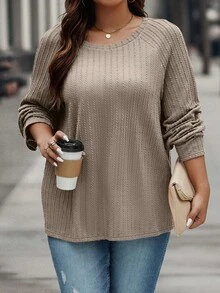 SHEIN LUNE Plus Solid Raglan Sleeve Tee - Apricot - View 4