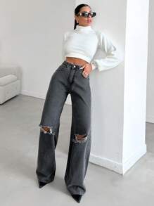 EURMUSE Ripped Wide Leg Jeans - Dark Grey - View 5