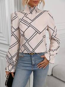 SHEIN Unity In Địa lý Tay áo loe Cổ giả Áo sơ mi - Màu be - Xem 5