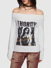 ROMWE Grunge Punk 一字肩人像&字母圖案套頭毛衣 - 白色 - 查看 2
