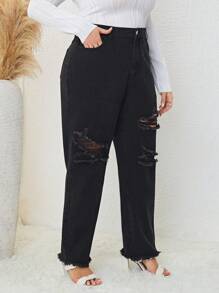 SHEIN LUNE 大碼破洞毛邊牛仔褲 - 黑色 - 查看 4