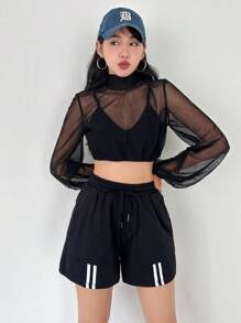SHEINNeu Mock Neck Crop Mesh Top & Striped Tape Shorts - Black - View 3
