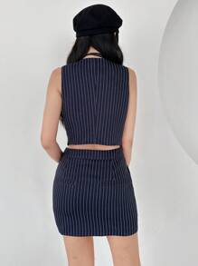 SHEINNeu con estampado de rayas Cazadora chaleco & Falda - Azul Marino - Ver 2
