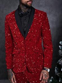 SHEIN 男士拼接青果領亮片西裝外套和褲子套裝 - 紅色 - 查看 6