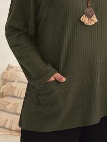 EMERY ROSE Talla grande Camiseta de hombros caídos con doble bolsillo - Verde Oliva - Ver 3